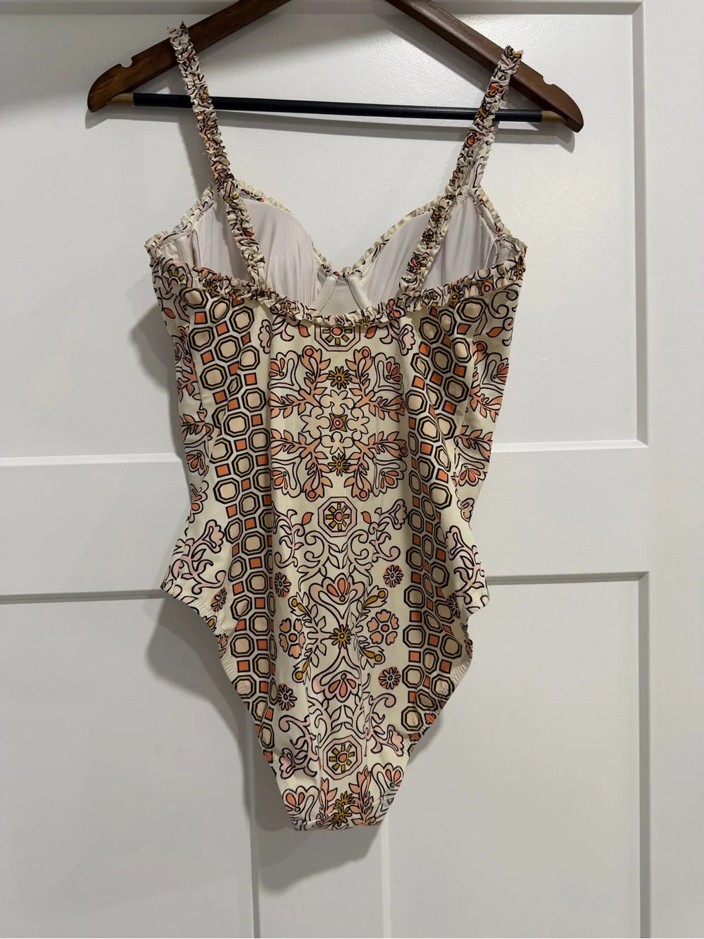 Tory Burch Cream One-Piece Swimsuit with Orange and Brown Floral Tile Print